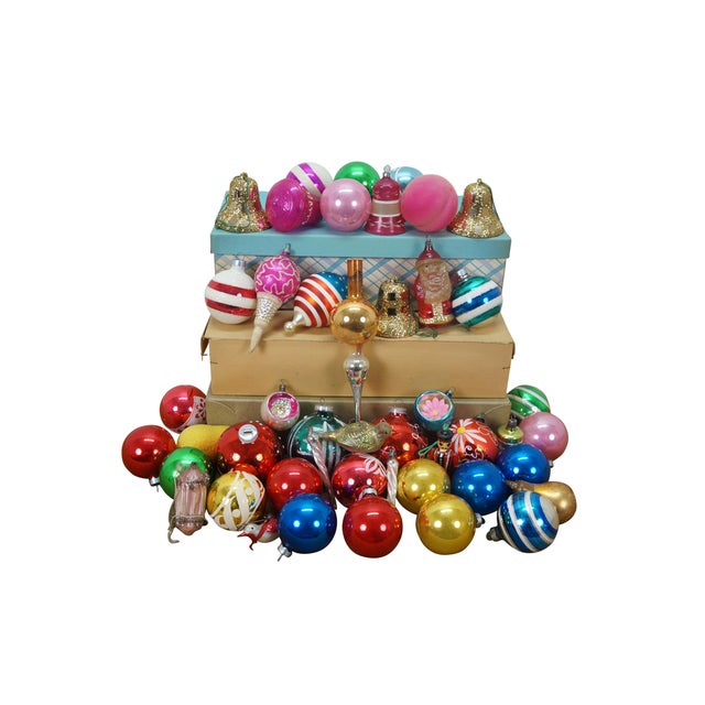 Vintage lot of mercury glass Christmas tree ornaments. Many traditional round solid and striped, with frosted accents,...