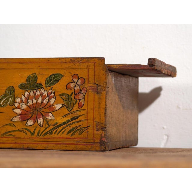 Wood Antique Chinese Ochre Colored Box with Painted Lotus Flowers, 1900s For Sale - Image 7 of 9