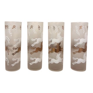 Vintage Mid-Century Modern Libbey Cavalcade Frosted Glass Tumbler Gold & White Horses - Set of 4 For Sale