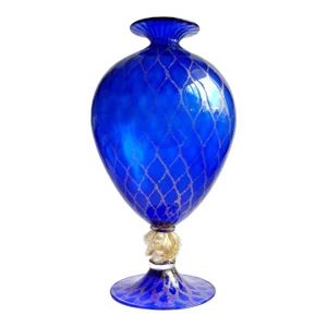 Murano Nason Signed Vintage Sapphire Blue Gold Flecks Diamond Design Italian Art Glass Flower Vase