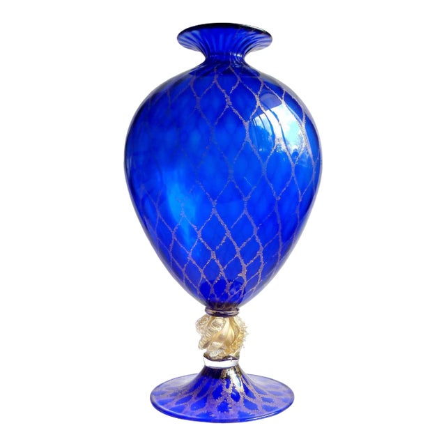Vintage Murano Nason Signed Sapphire Blue Gold Flecks Diamond Design Italian Art Glass Flower Vase For Sale