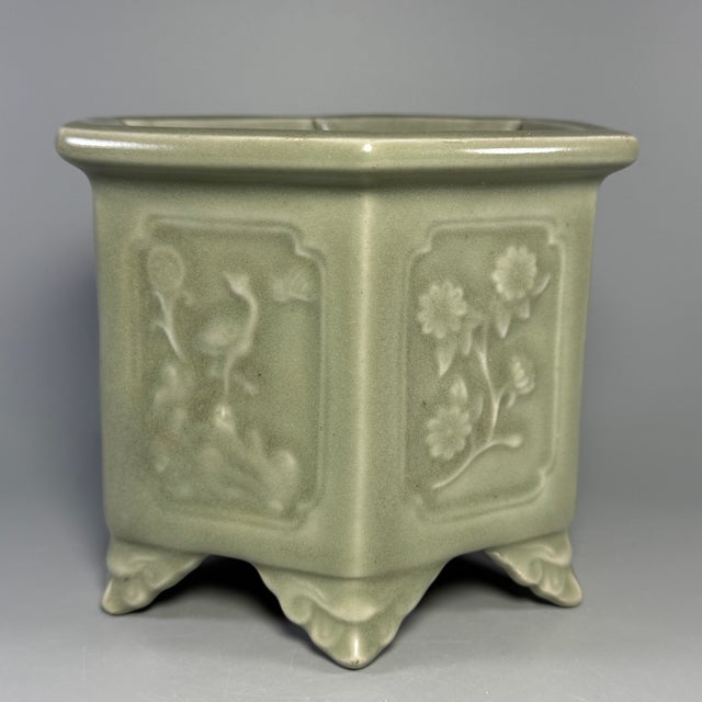 Chinese Vintage‑style Chinese Longquan Celadon Hexagonal Footed Pot With Relief Motifs For Sale - Image 3 of 6