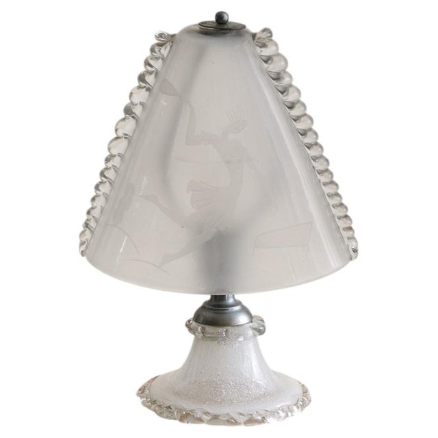Metal Petite Italian Art Deco Etched Murano Glass Lamp, 1940s For Sale - Image 7 of 13