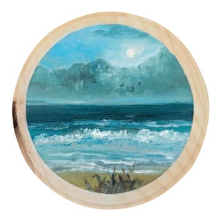 2026 Moonlit Coastal Waves and Beach in Oil on Pine Wood For Sale