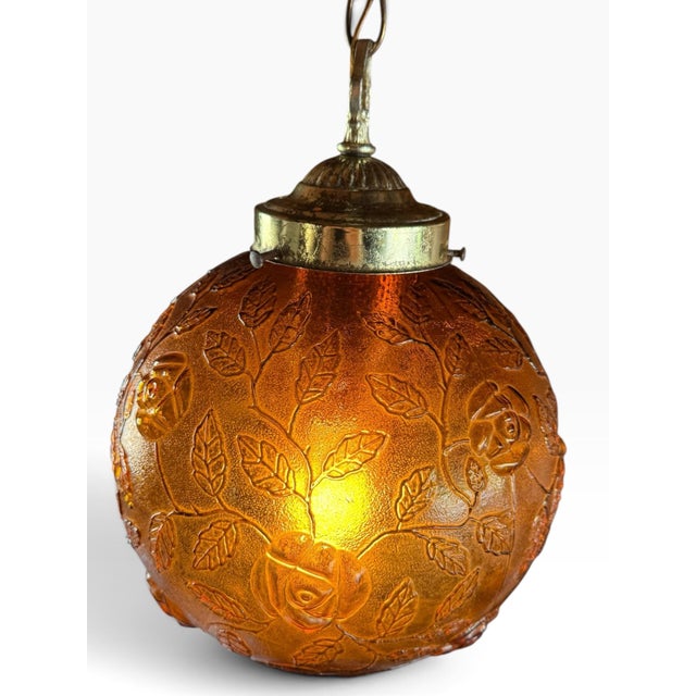 Vintage 1970s Amber Floral Glass Swag Hanging Lamp For Sale In Buffalo - Image 6 of 6