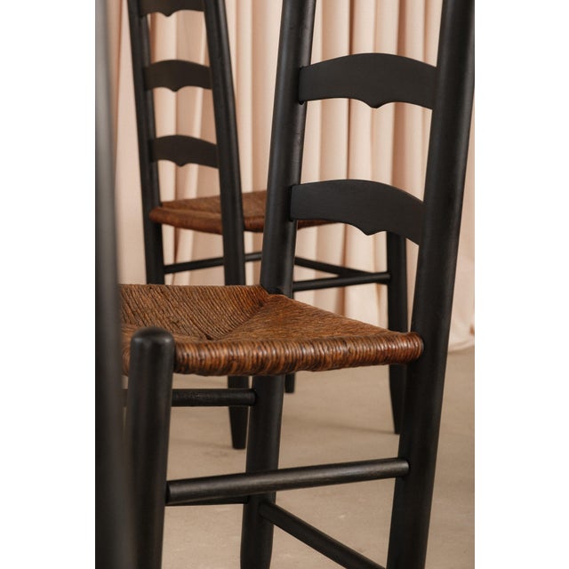 Black Set of 6 Antique Shaker Ladder Back Dining Chairs | Ebonized Wood, Hand-Woven Rush Seats For Sale - Image 8 of 14