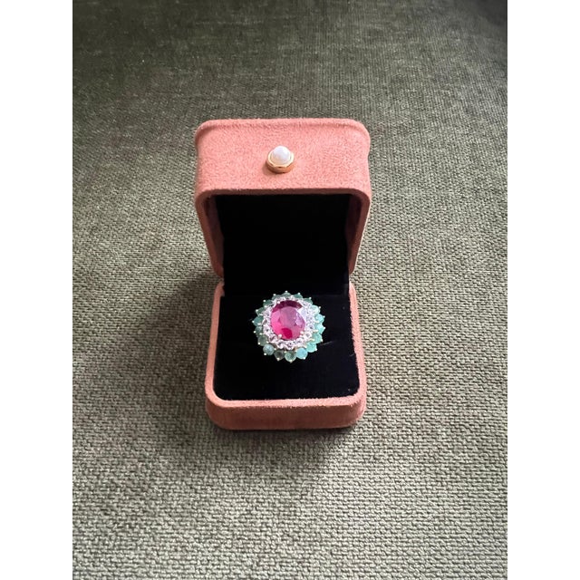 Ruby Red Bochic "Orient" Vintage Emerald, Ruby & Diamond Ring Set In 18K Gold & Silver For Sale - Image 8 of 18