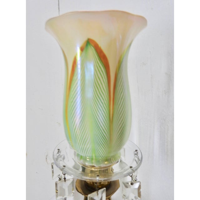 1920s Steuben Pulled Feather Shades on Antique Brass Lamp With Prisms - a Pair For Sale - Image 5 of 9