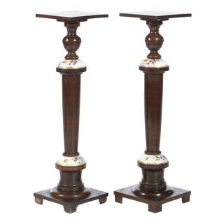 20th Century Walnut and Porcelain Columns, Set of 2 For Sale