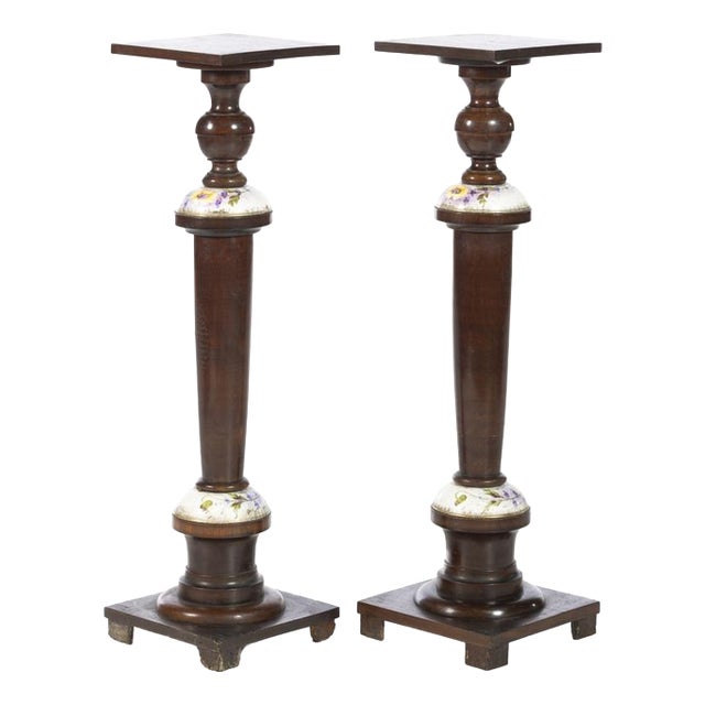 20th Century Walnut and Porcelain Columns, Set of 2 For Sale