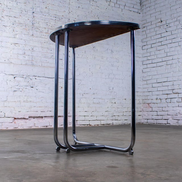 1920-1940’s Art Deco Streamline Moderne Royalchrome Demilune Console Table Chrome Tube Frame & Black Laminate Top For Sale - Image 12 of 18