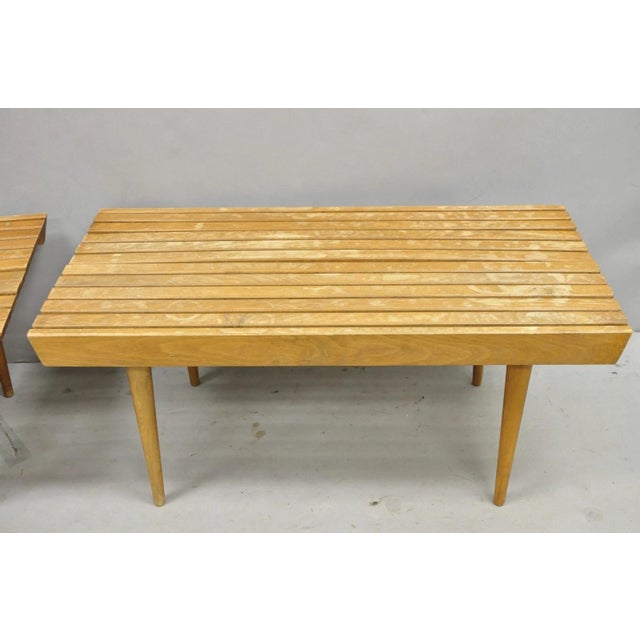 Vintage Mid Century Modern 36" Wood Slat Bench Coffee Table Side Table - A Pair For Sale - Image 10 of 16