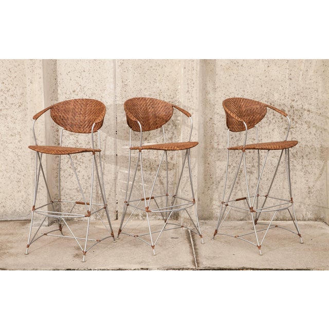 Metal David Francis Cane and Steel Barstools - Set of 3 For Sale - Image 7 of 7