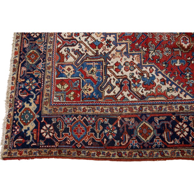 Antique Heriz Red Handmade Persian Wool Rug With Multicolor Medallion Design For Sale - Image 4 of 11