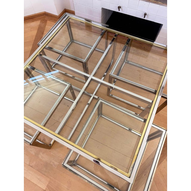 Maison Charles Style Brass / Chrome Glass Coffee Table & Nesting Tables, 60s 70s - Five Piece Set For Sale - Image 9 of 18