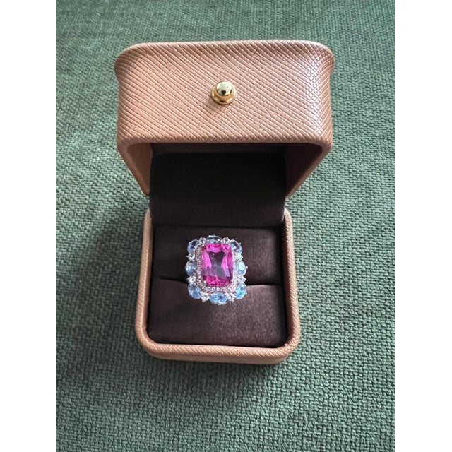 Bochic “Capri” Emerald Shape Pink Topaz & Tanzanite Ring Set 18K Gold & Silver For Sale - Image 9 of 12