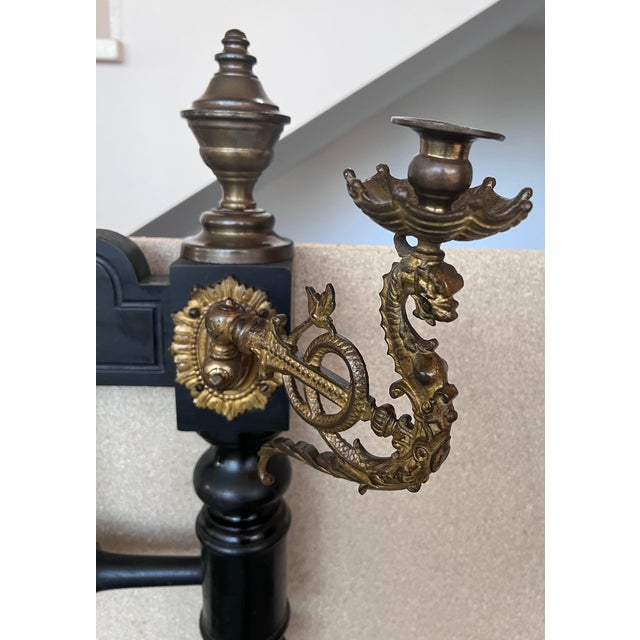 Wood French Black Ebonized Bed With Bronze Mounts and Candle Holder , Signed For Sale - Image 7 of 13