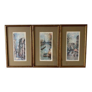 Set of 3 Framed Vintage Parisian Cityscape Watercolor Lithographs For Sale
