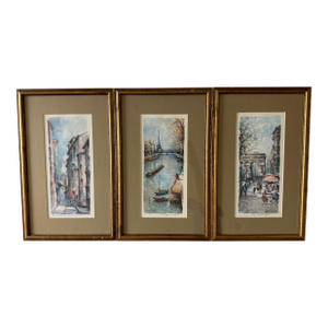 Set of 3 Framed Vintage Parisian Cityscape Watercolor Lithographs