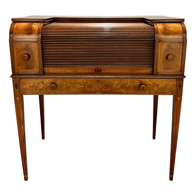 1930s Charak Furniture Co. Federal Revival Inlaid Tambour Desk For Sale