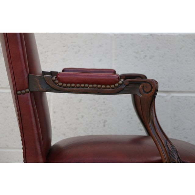 Pair of Vintage English Regency Style Leather Armchairs | Carved Wood Frame, Nailhead Trim For Sale - Image 12 of 18
