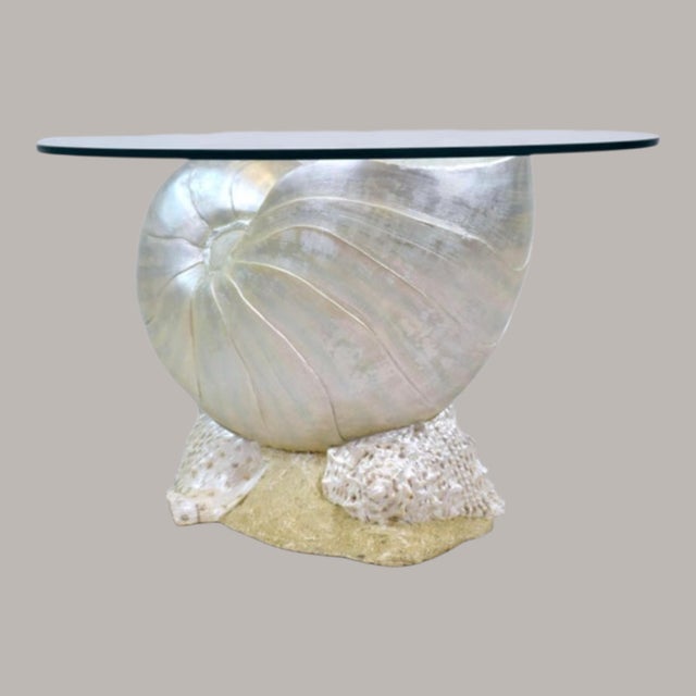 "Vintage Palm Beach Nautilus Shell Seashell Resin Cocktail or Side Table with custom glass top. Gorgeous pearl white...