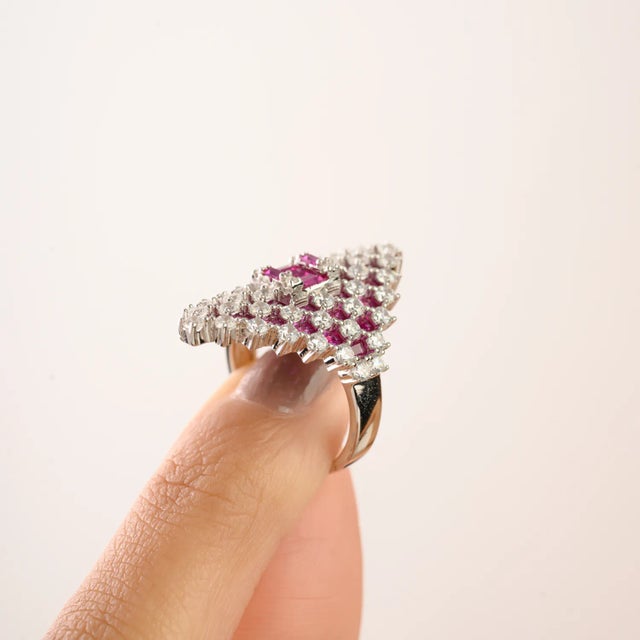 Sterling Silver Marquise Cluster Ring With Pink & Clear Cubic Zirconia Stones- Size 6 For Sale - Image 4 of 10