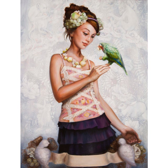 This artwork features a young woman adorned with a floral headpiece and a playful expression, gently interacting with a...