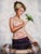 This artwork features a young woman adorned with a floral headpiece and a playful expression, gently interacting with a...