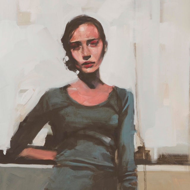Land by Michael Carson | Oil on Panel Three figures in stylish outfits standing together For Sale - Image 4 of 5