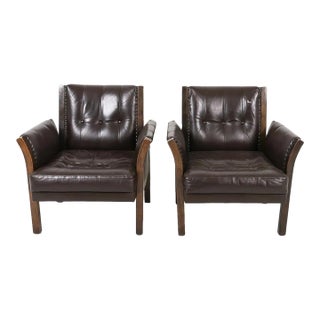 Pair Mid Century Modern Tufted Leather Lounge Chairs For Sale