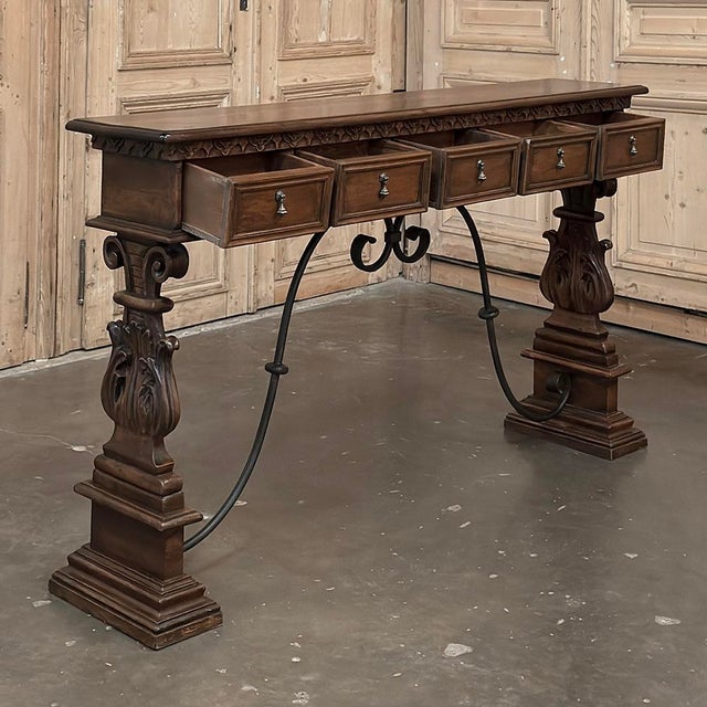 Mid Century Spanish Walnut Sofa Table ~ Console With Hand Forged Iron Stretcher For Sale - Image 17 of 18