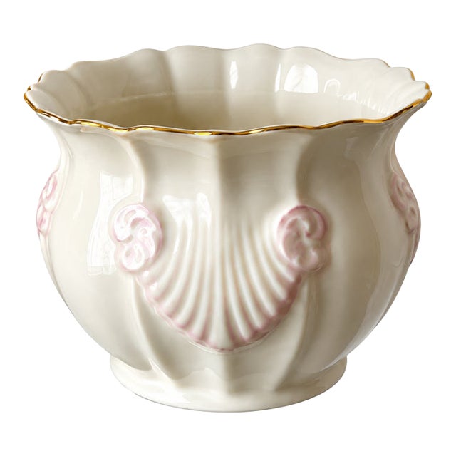 Belleek Georgian Shell Ivory and Blush Pink Parian Porcelain Cachepot With Gold Rim For Sale