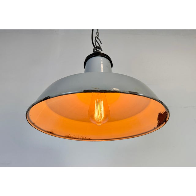 Industrial Grey Enamel Factory Pendant Lamp, 1960s For Sale - Image 10 of 17