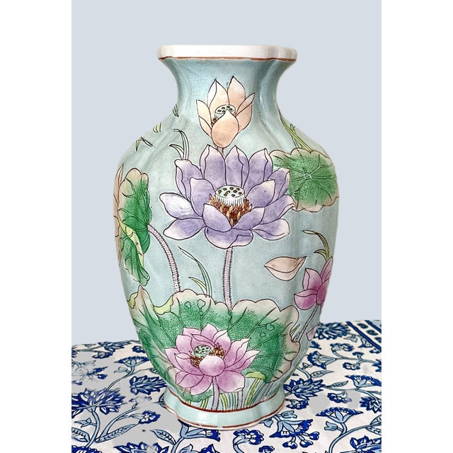 Vintage Late 20th Century Pastel Waterlily Chinoiserie Vase For Sale - Image 9 of 10
