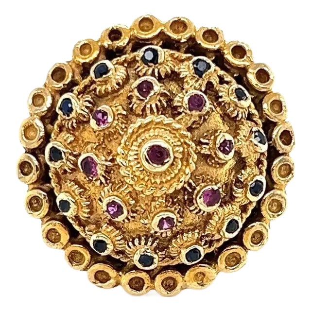 Sapphire Ruby Etruscan 14k Yellow Gold Ring, Size 5 For Sale