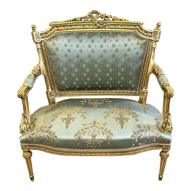 Baroque Style Big Sky Blue Chair With Gold Details For Sale
