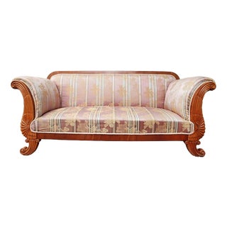 Biedermeier Sofa with Silk Upholstery, Veneer and Carvings For Sale