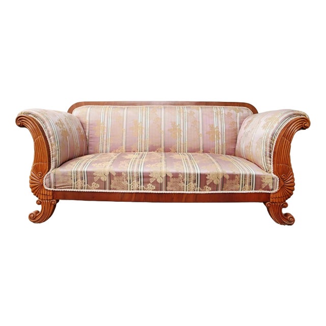 Biedermeier Sofa with Silk Upholstery, Veneer and Carvings For Sale