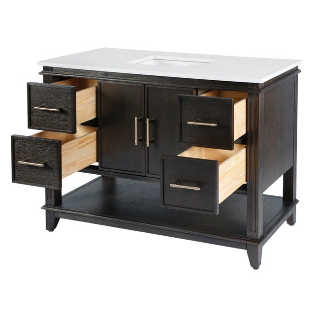2020s Reece 48 in. W Wood & Quartz Single Sink Bathroom Vanity, Dark Roast Coffee Wire Brushed For Sale - Image 5 of 11