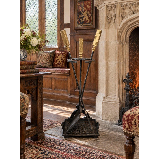 Art Deco Antique Art Deco Set of 3 Fireplace Tools Shovel Poker Rectangular Caddy Cast Iron Brass For Sale - Image 3 of 3