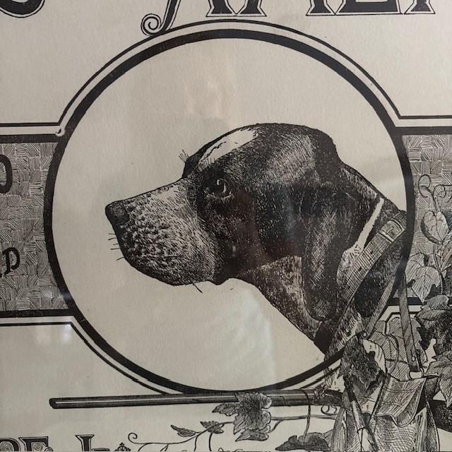 Handsome print, circa 1930s, of "Celebrated Dogs of America". Framed in rustic wood and with hanging wire on reverse....
