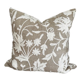 Jute and Cotton Crewel Work Pillow With Feather Insert For Sale