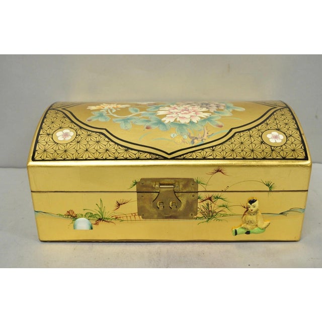 Vintage Chinese Gold Leaf Dome Lid Oriental Jewelry Box w/ Carved Soapstone Figures and Red Lined Interior. Circa Late...