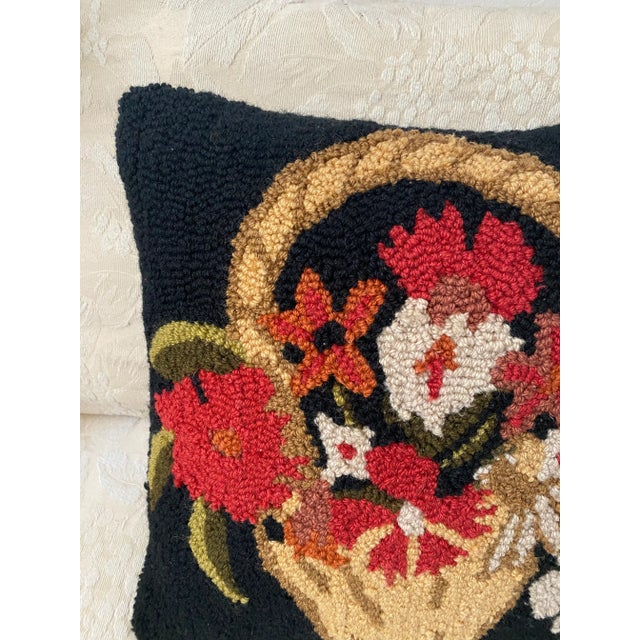 A beautiful quality, heavy hand hooked mid century pillow depicting a flower basket to brighten your decor. A similar...