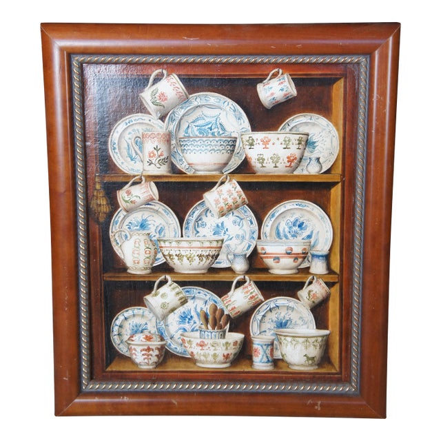 Late 20th Century Fabrice De Villeneuve Trompe l'Oeuil China Cupboard Still Life Oil Painting 19" For Sale