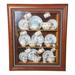 Late 20th Century Fabrice De Villeneuve Trompe l'Oeuil China Cupboard Still Life Oil Painting 19"