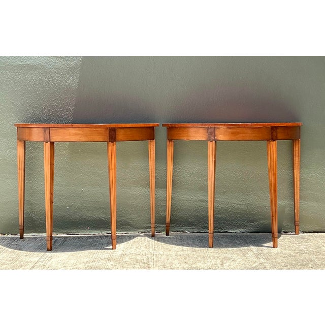 Wood Vintage Regency Sunburst Burl Wood Demilune Tables - A Pair For Sale - Image 7 of 12