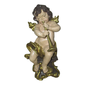 Vintage Hand Painted Ornate Baroque Figurine of Cherub With Horn on Stand
