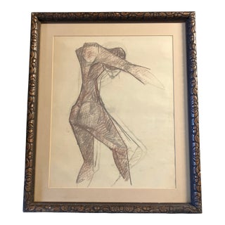 1940’s Original Abstract Female Nude Pastel Drawing Carved Wood Frame For Sale
